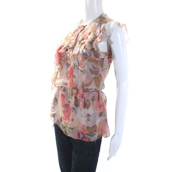 Rebecca Taylor Womens Ruffled V Neck Abstract Chiffon Top White Pink Silk Size 2 - Picture 2 of 6